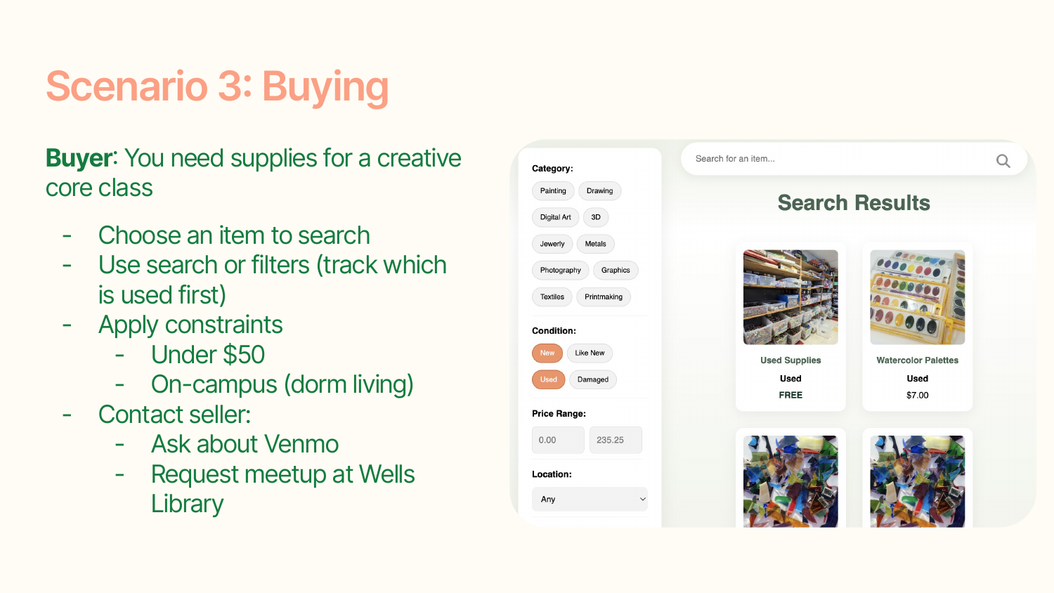 Usability test scenario asking a participant to find affordable nearby art supplies and contact the seller