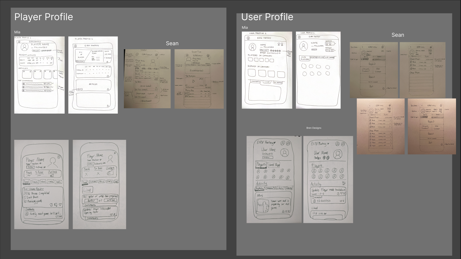 Collaborative sketches exploring ESPN Fantasy player profiles, user profiles, feeds, and reposts