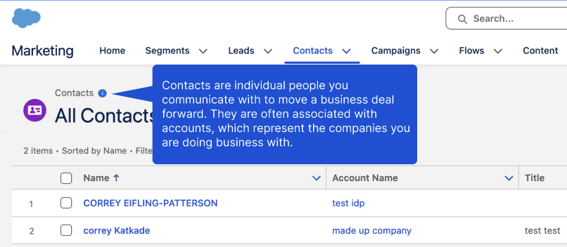 Inline definition explaining Salesforce Contacts in plain language