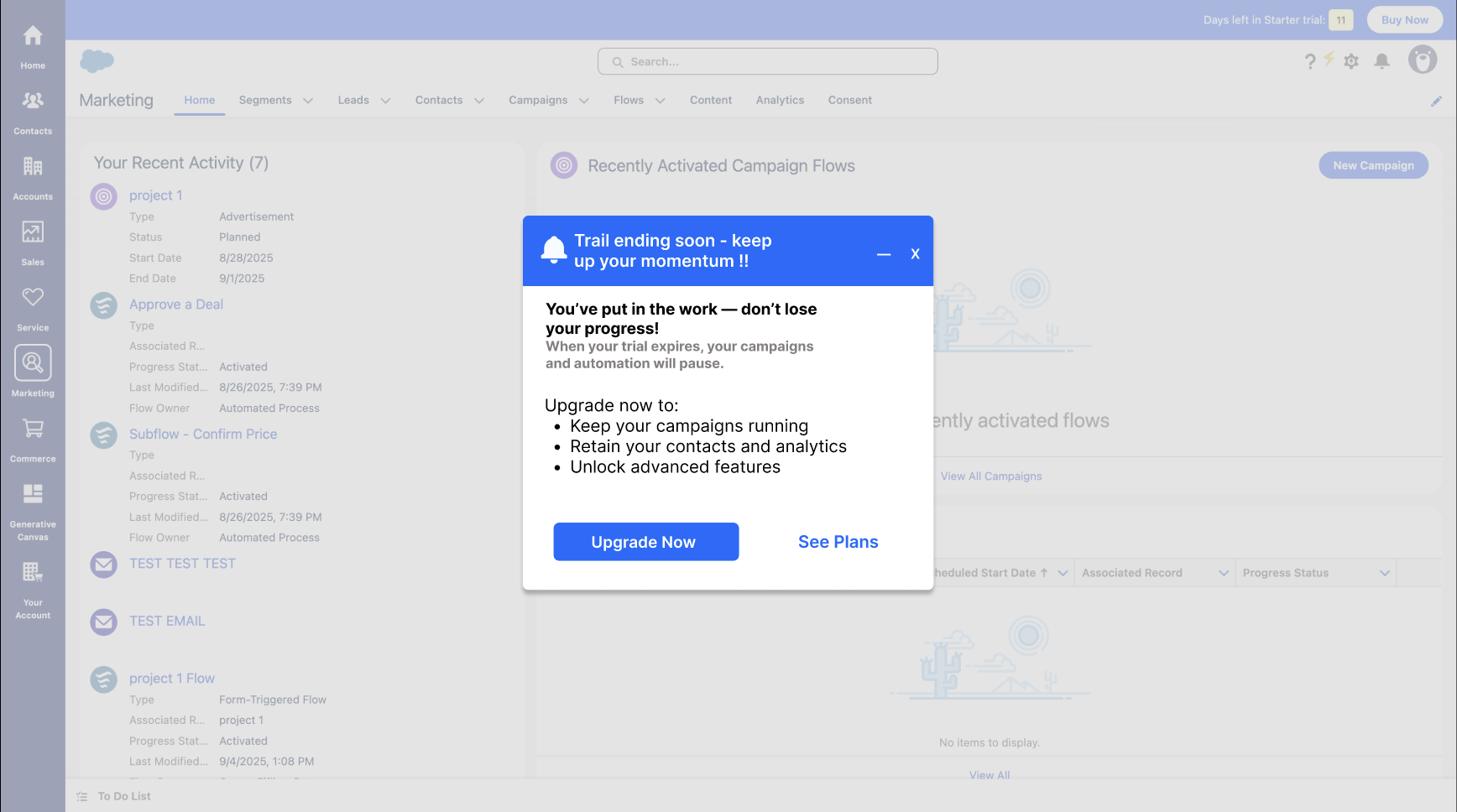 Salesforce trial-ending reminder explaining what progress would be retained by upgrading